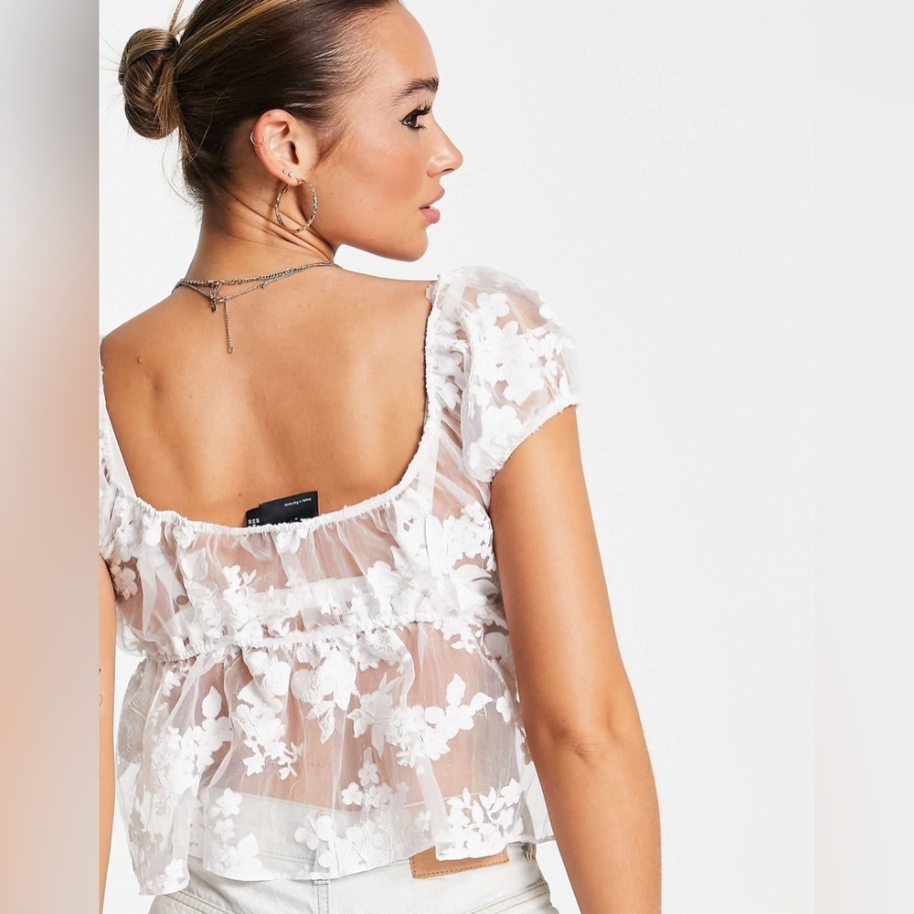 ASOS DESIGN sheer floral jacquard baby doll top in white, Size 4 - Picture 2 of 9